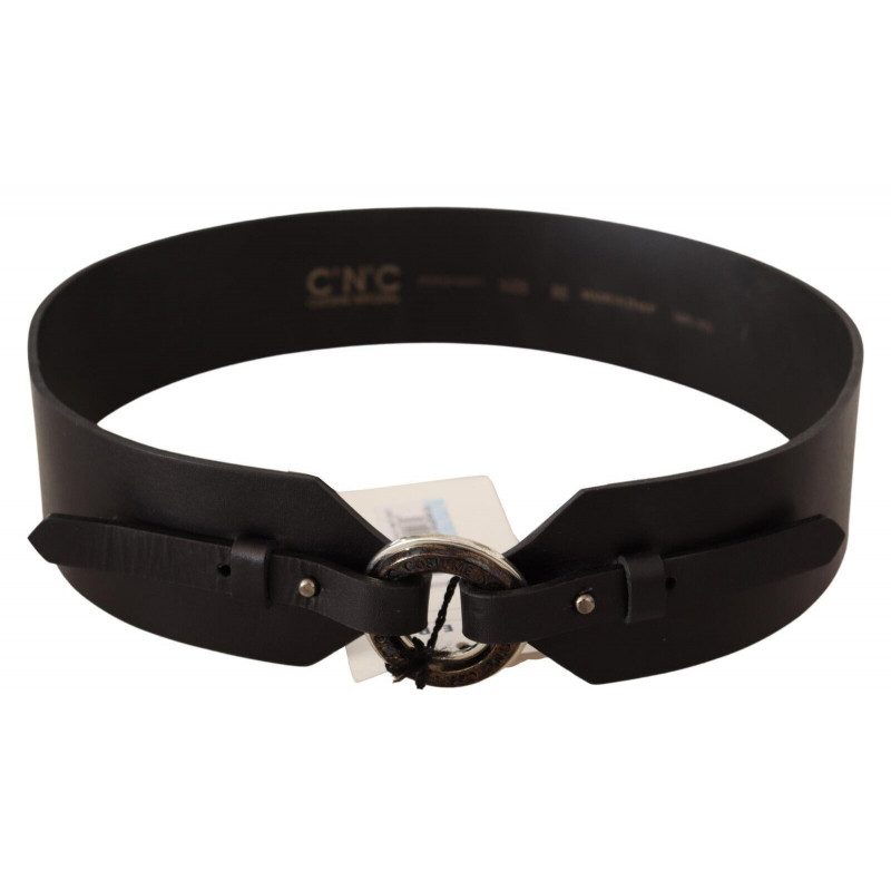 Cintura con fibbia rotonda argento in pelle nera - 85 CM / 34 INCHES