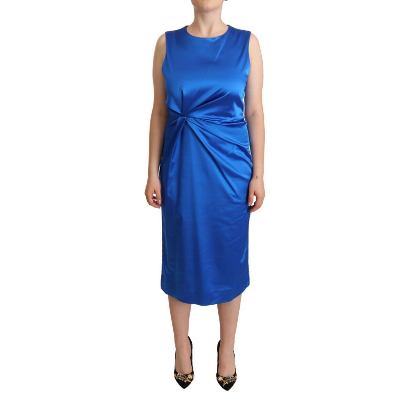 Abito tubino midi plissettato senza maniche in acetato blu - IT46-XL