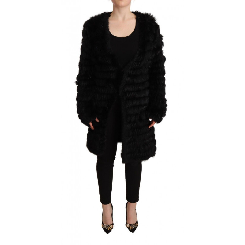 Giacca maniche lunghe cardigan pelliccia coniglio nero - IT42-M