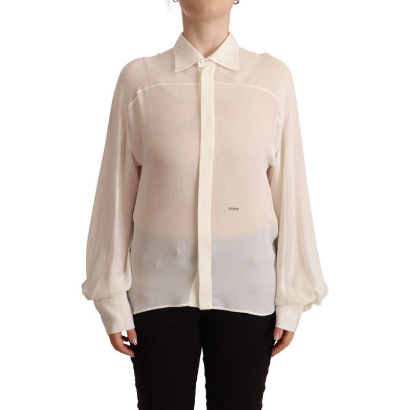 Top camicetta colletto maniche lunghe seta bianco sporco - IT42-M