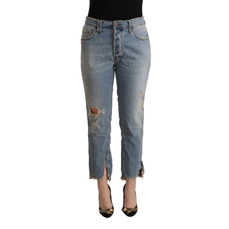 Jeans in denim corto a vita media effetto invecchiato azzurro - W34