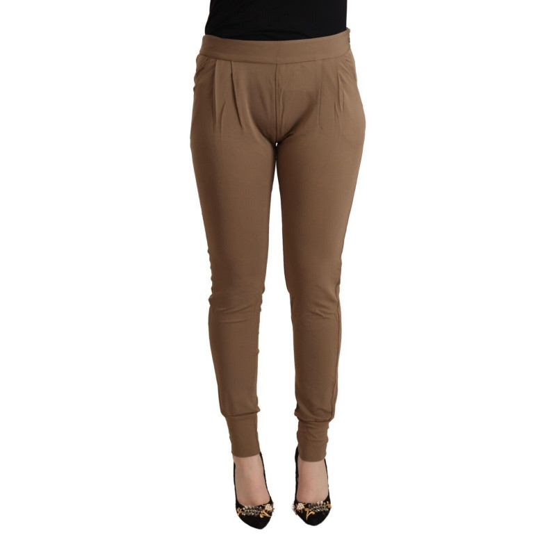 Pantaloni slim affusolati a vita media in viscosa marrone - IT44-L