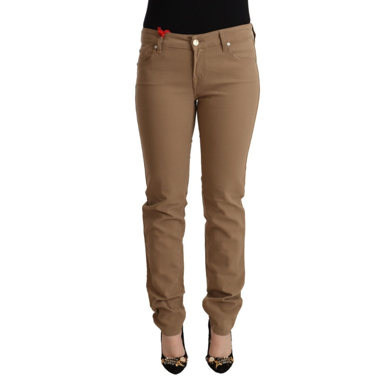 Pantaloni skinny a vita media elasticizzati in cotone marrone - W31