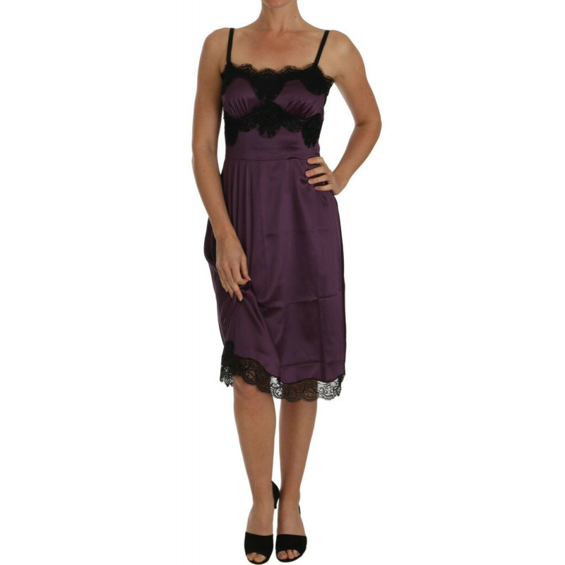 Abito a trapezio in pizzo nero elasticizzato in seta viola - IT40-S