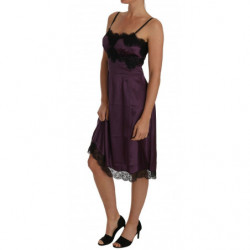 Abito a trapezio in pizzo nero elasticizzato in seta viola - IT40-S