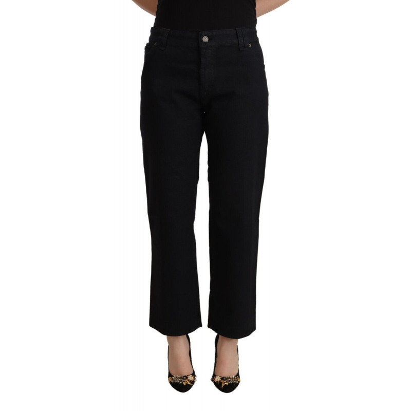 Jeans in denim a vita alta cropped svasati in cotone nero - W30