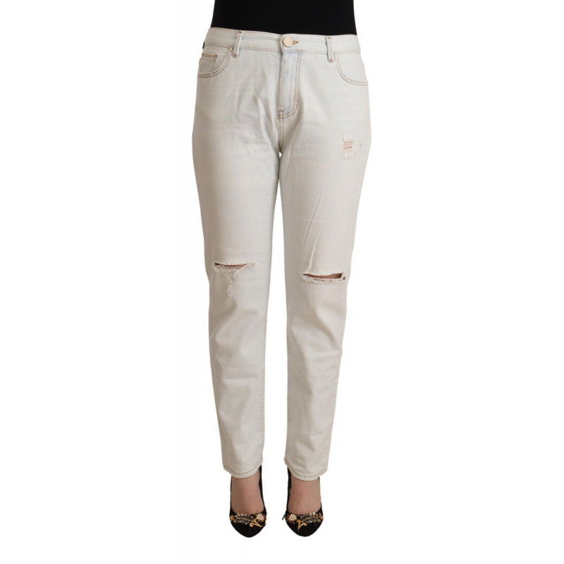 Jeans skinny denim skinny vita media cotone bianco effetto invecchi