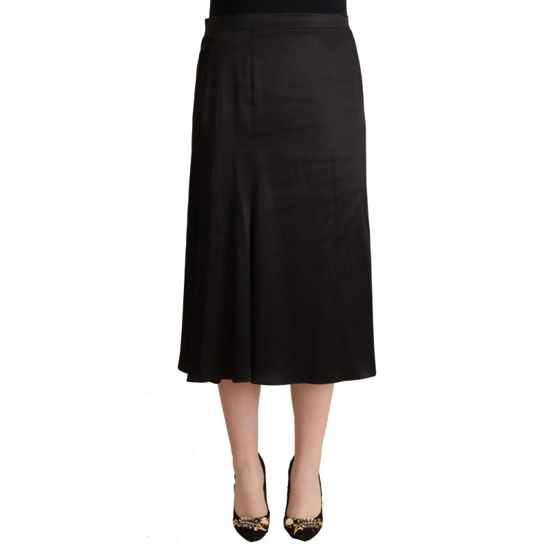 Gonna longuette a trapezio a vita alta in acetato nero - IT48-XXL
