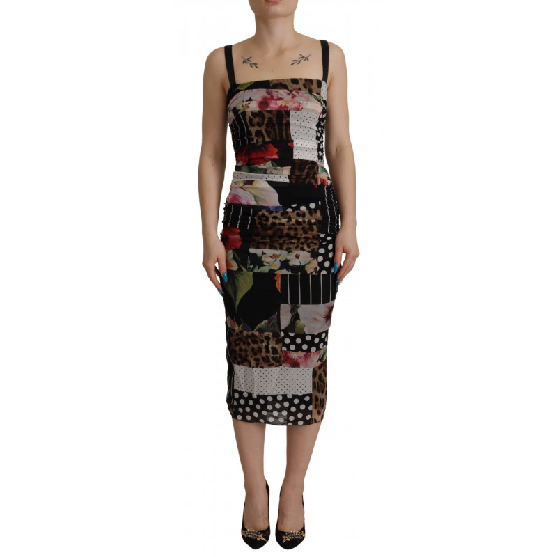 Abito aderente leopardato seta floreale midi pachwork multicolor -