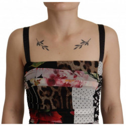 Abito aderente leopardato seta floreale midi pachwork multicolor -