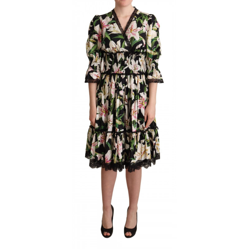 Abito finiture pizzo stampa giglio cotone nero - IT36 - XS