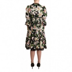 Abito finiture pizzo stampa giglio cotone nero - IT36 - XS