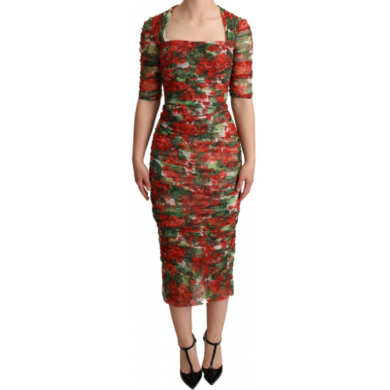 Abito longuette tubino in tulle con stampa floreale rossa - IT36 - XS