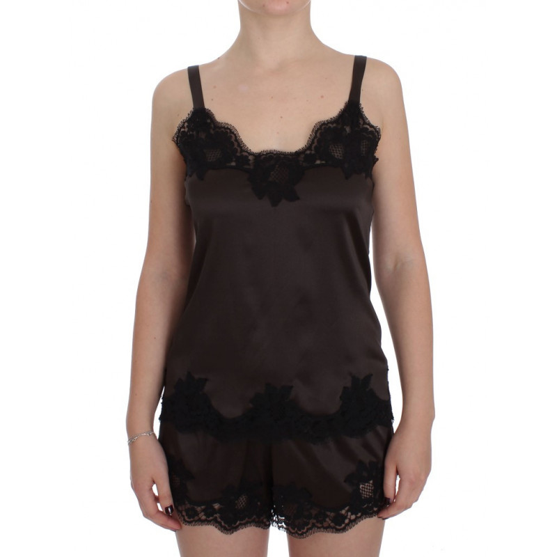 Top lingerie in pizzo elasticizzato di seta marrone - IT1 - XS