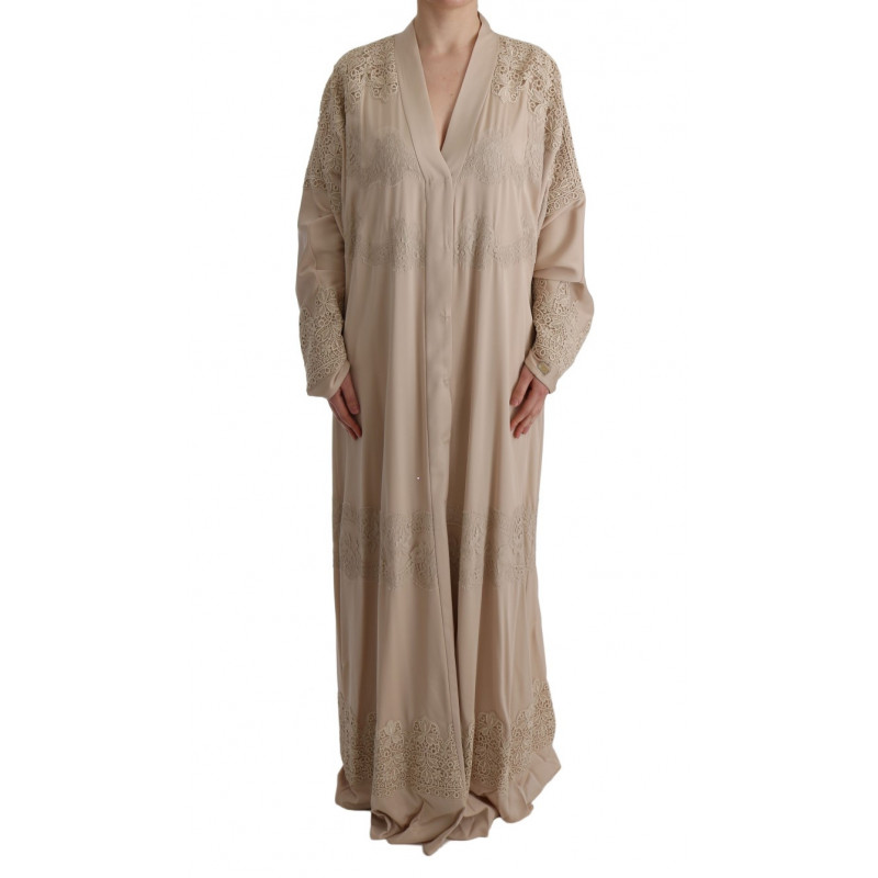 Abito caftano in pizzo con applicazioni floreali beige - IT48-XXL