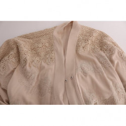 Abito caftano in pizzo con applicazioni floreali beige - IT48-XXL