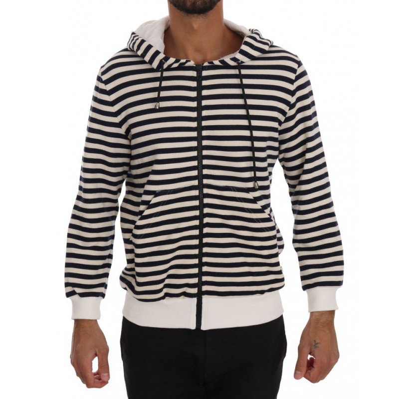 Maglione in cotone con cappuccio a righe bianche blu - S