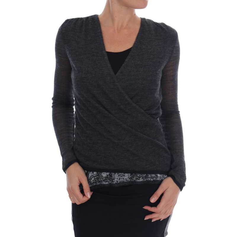 T-shirt a maniche lunghe con top in pizzo di lana grigia - IT44 - M