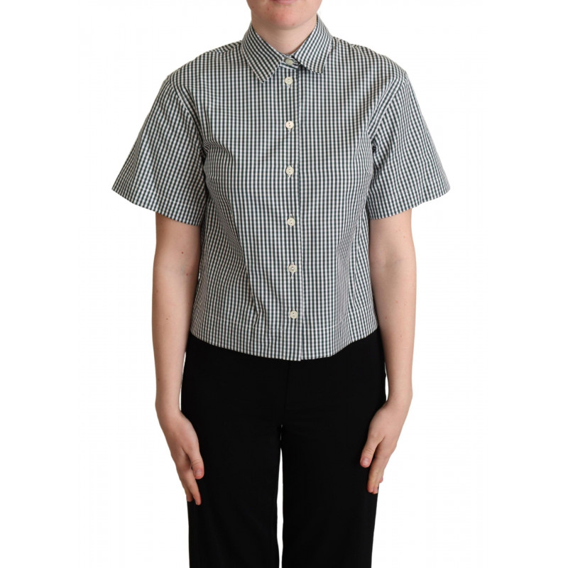 Top in camicetta con camicia a quadri in cotone bianco verde - IT40-S