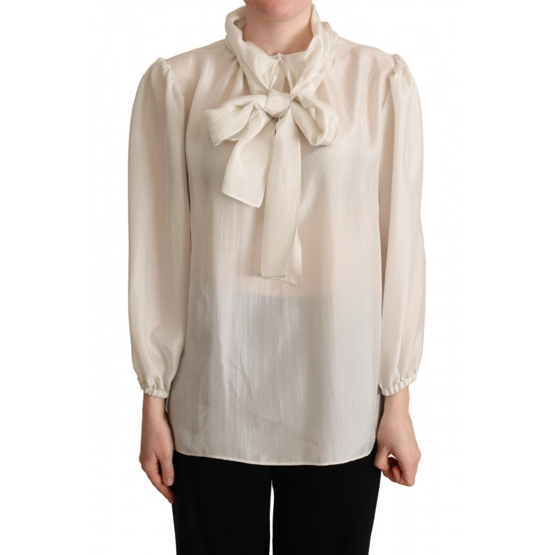 Top in camicetta di seta con colletto Ascot grigio chiaro - IT44-L
