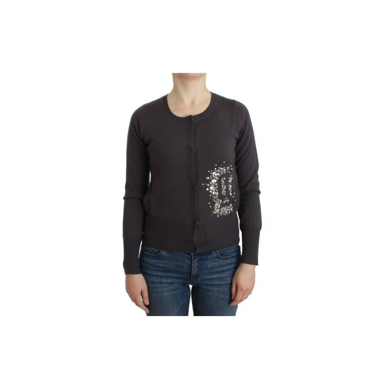 Maglione lavorato a maglia cardigan con paillettes in lana viola - S