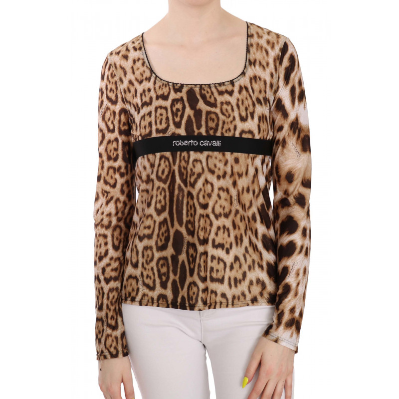 Camicetta superiore da donna leopardata scollo tondo marrone - IT46