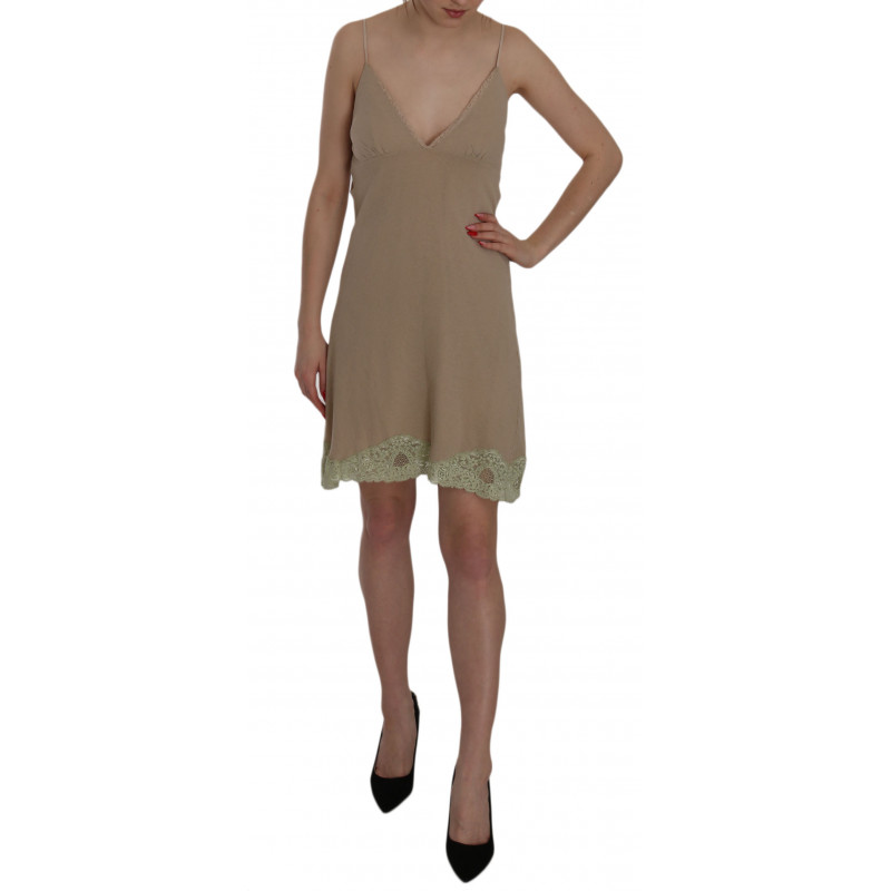 Mini abito in cotone con cinturino spaghetti in pizzo beige - IT46-XL
