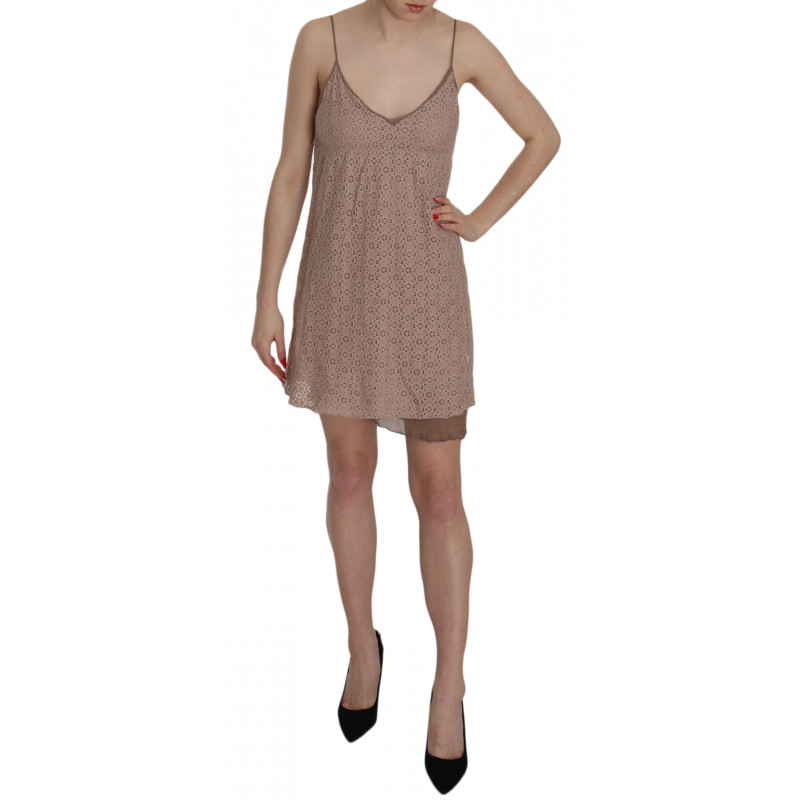 Mini abito in cotone a trapezio con cinturino spaghetti beige - IT44-L