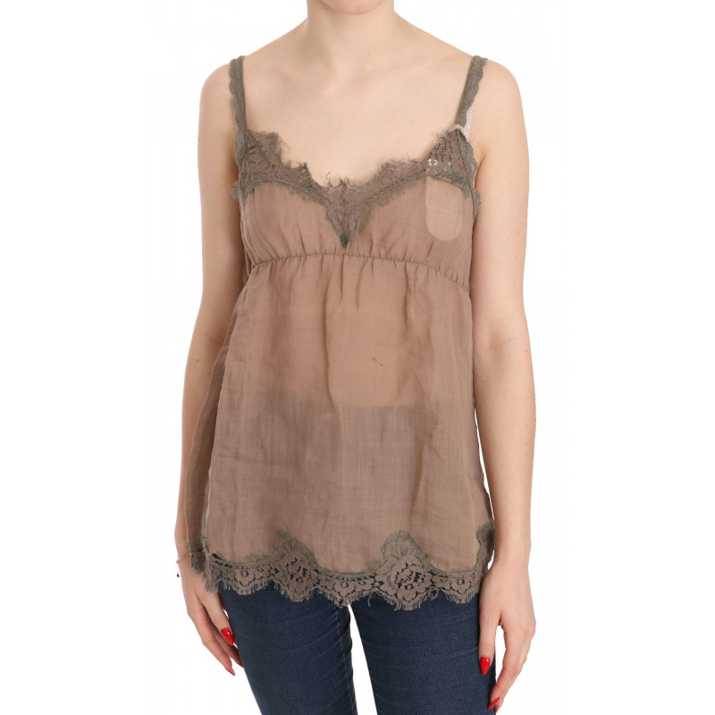 Camicetta scollatura superiore pizzo marrone spalline sottili - IT44-L