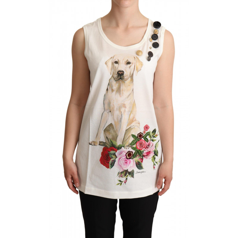 T-shirt decorata con stampa floreale di cane bianco - IT38-XS
