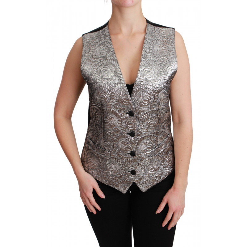 Top metallico senza maniche in broccato argento - IT40-S
