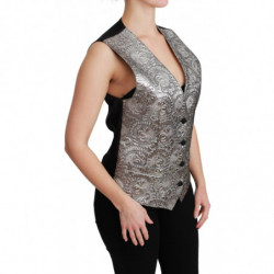 Top metallico senza maniche in broccato argento - IT40-S