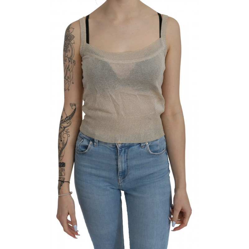 Canotta beige senza maniche cinturino spaghetti. Top trasparente -