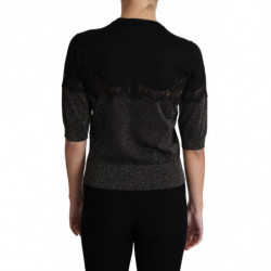 Top pullover con inserto in pizzo lurex nero lucido - IT46-XL