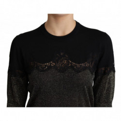 Top pullover con inserto in pizzo lurex nero lucido - IT46-XL
