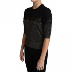 Top pullover con inserto in pizzo lurex nero lucido - IT46-XL