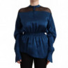 Camicetta top vita elasticizzata maniche lunghe seta blu - IT38-XS