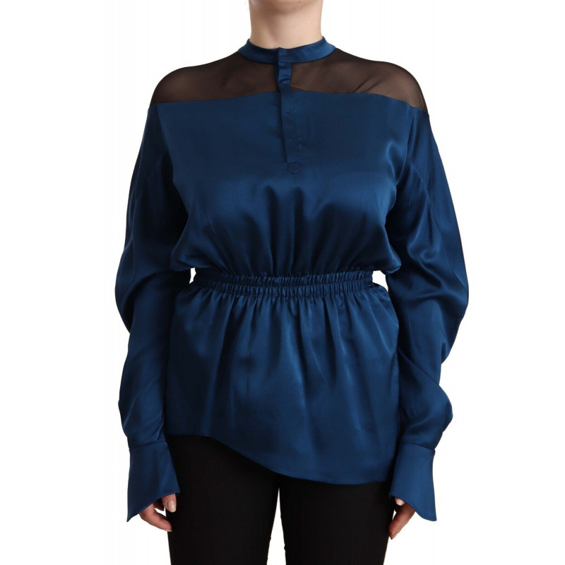 Camicetta top vita elasticizzata maniche lunghe seta blu - IT40-S