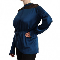 Camicetta top vita elasticizzata maniche lunghe seta blu - IT40-S