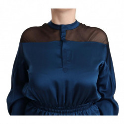 Camicetta top vita elasticizzata maniche lunghe seta blu - IT40-S