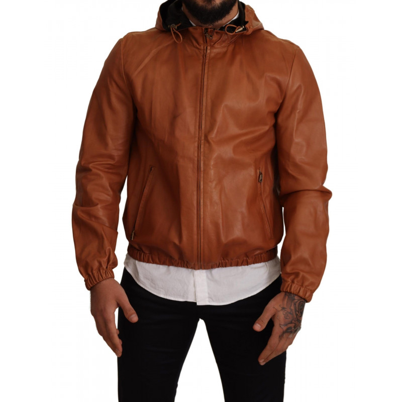 Giacca con cappuccio in pelle di agnello in pelle marrone - IT48 - M