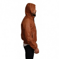 Giacca con cappuccio in pelle di agnello in pelle marrone - IT48 - M