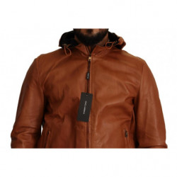 Giacca con cappuccio in pelle di agnello in pelle marrone - IT48 - M