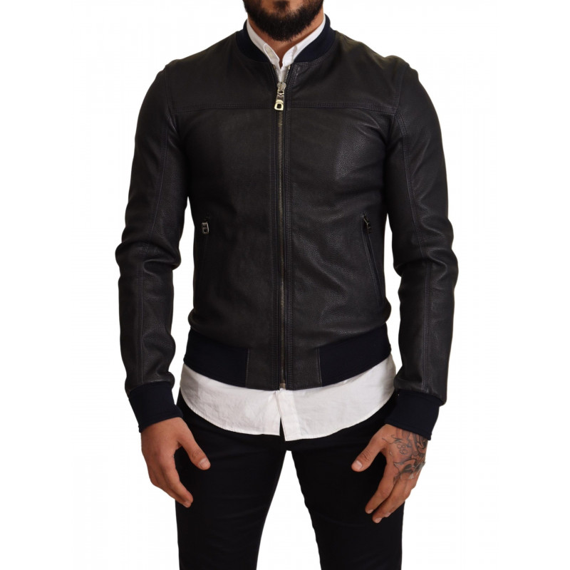 Giacca bomber da uomo con zip intera in pelle blu - IT50 - L