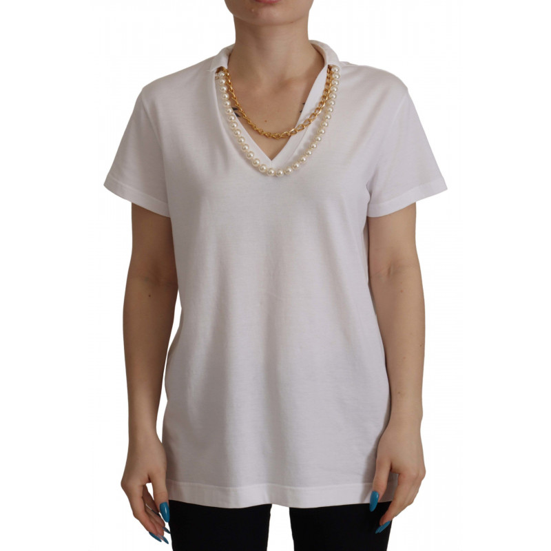 Top T-shirt con scollo impreziosito da collana bianca - IT40-S