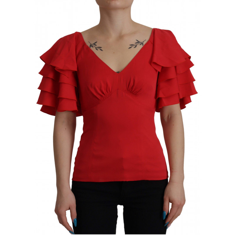 Top volant camicetta posteriore cerniera manica rossa scollo V - IT