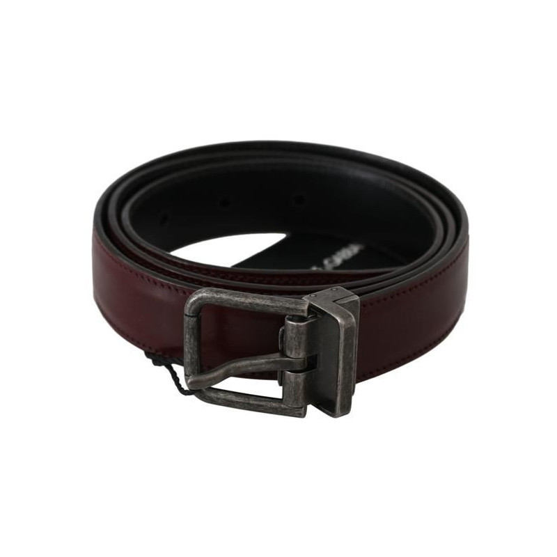 Cintura da uomo in pelle bordeaux con fibbia spazzolata grigia - M