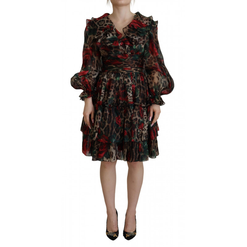 Abito abito con volant in seta con rose leopardate marroni - IT44 - L