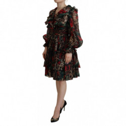 Abito abito con volant in seta con rose leopardate marroni - IT44 - L