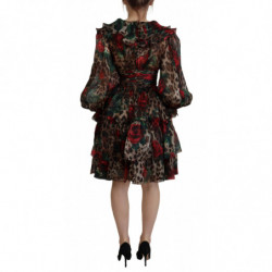 Abito abito con volant in seta con rose leopardate marroni - IT44 - L